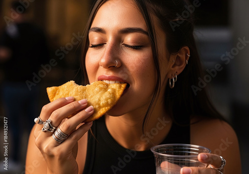 Woman enjoying a delicious empanada with a drink
