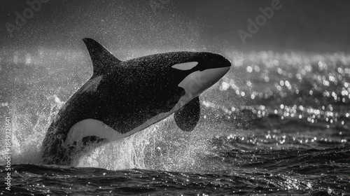 Orca whale breaching water surface in the ocean