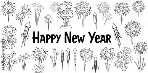 Happy New Year doodle set with various hand-drawn fireworks, rockets, and explosion bursts in a black and white sketch style, perfect for festive celebrations.