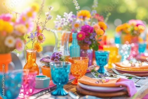 A colorful table set for a party with flowers in vases