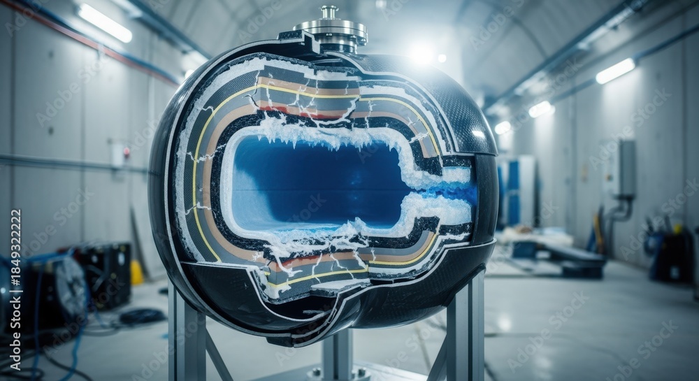 Fototapeta premium Crosssectional display model explaining failure mechanics of cryogenic carbon fiber pressure vessels tested in secure underground facility.