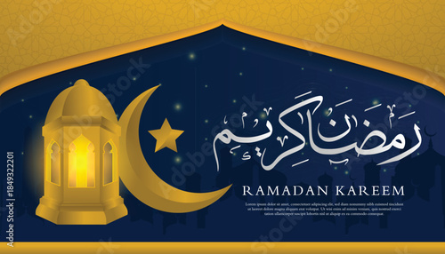 Ramadan Kareem Islamic Background with Arabic Calligraphy, Glowing Lantern, Crescent Moon, and Mosque Silhouette at Night