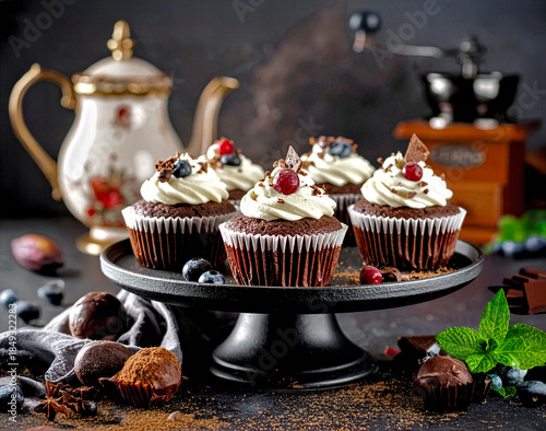 Schokoladen Cupcakes mit Sahnehäubchen auf einer nostalgischen  Etagere mit groben Schokoladen Stücken und Kakaopulver  und Blaubeeren und Preiselbeeren und Schokoladen Trüffeln