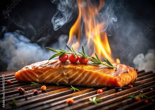 Savory salmon steak grills to perfection on a smoky barbecue