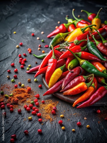 Spicy peppers scattered on a dark canvas, waiting to add flavor and color to any dish