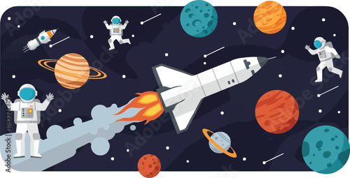 Vibrant cartoon illustration of a space adventure with astronauts, planets, and a rocket launching through the starry cosmos.