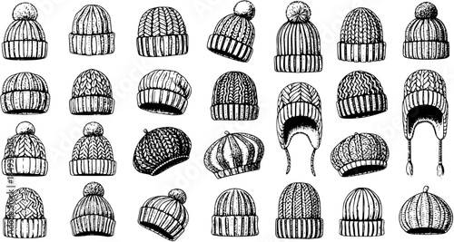 Black and White Line Art Illustration of Various Knitted Winter Hats and Beanies for Cold Weather Fashion