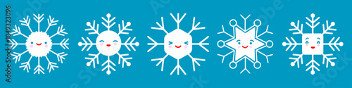 Cute blue vector snowflake emoji icon in cartoon style. Adorable snow flake smiley character. Funny Christmas doodle.