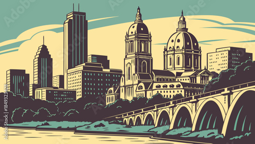 Minneapolis skyline with scenic bridge over river in minnesota. Suitable for travel and cityscape promotions, brochures, and websites.