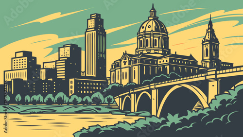 Minneapolis skyline showcases cityscape, domed building, and bridge, ideal for travel brochures, website headers, and urbanthemed designs.