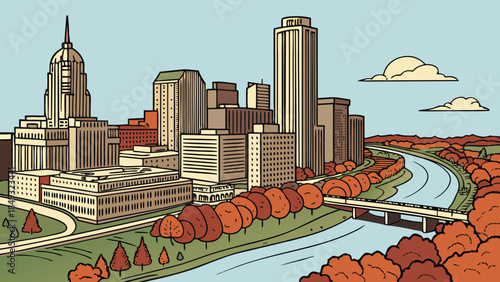 Minneapolis skyline and omaha, nebraska in fall merge, making stunning cityscapes. Perfect for city and autumnthemed designs.
