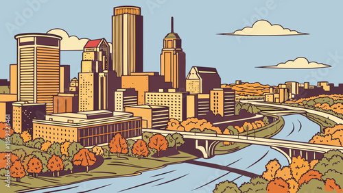 Minneapolis skyline with reflection on a river, resembling iconic towers. Suitable for website banners, travel brochures, and city guides.