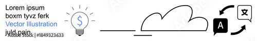 Cloud computing, digital ideas, workflow automation, translation services, language tools, business solutions. Lightbulb connected to a cloud and translation icons. Cloud computing and workflow