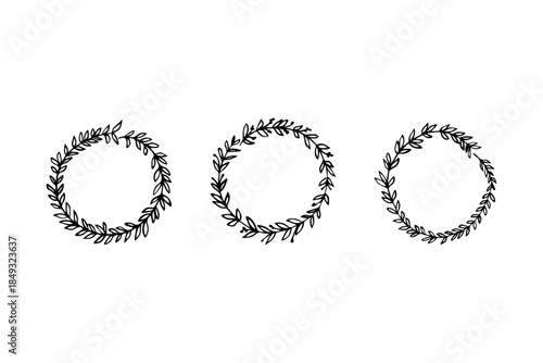 Set of  Hand Drawn Botanical Wreaths. Minimalist Circular Laurel Leaf Frames Line Art
