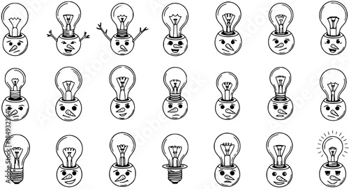 Black and white hand-drawn line art collection of lightbulb snowman characters, symbolizing creative ideas, innovation, winter holidays, and conceptual thinking for technology