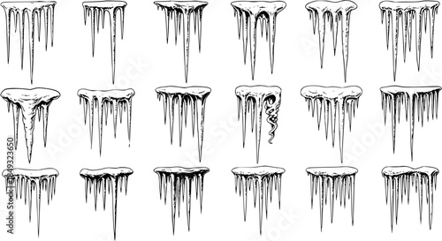 Black and White Line Art Collection of Icicles, Winter Weather Symbol