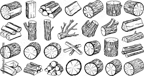 Black and White Line Art Vector of Various Wood Logs and Firewood Piles