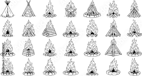 Black and White Line Art Collection of Various Campfire and Teepee Illustrations for Outdoor and Camping Themes