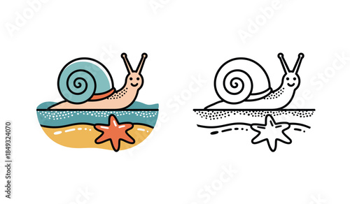 colorful snails on beach with starfish and waves