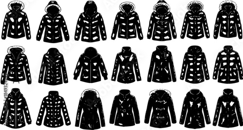 Fashion Apparel Winter Jackets and Coats Vector Silhouette Collection. Black and White Glyph Set of Padded Outerwear, Parkas, and Hooded Jackets for Clothing Designs and Seasonal Wear.