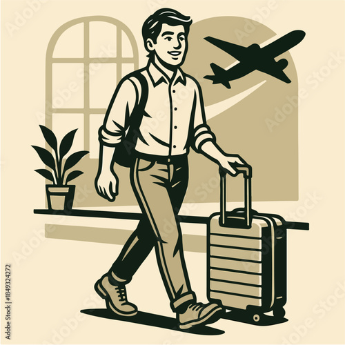 Man Walking With Suitcase Airport Travel Illustration