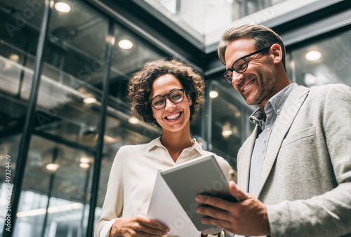 Low angle view of a smiling man and woman in business attire looking at a tablet in a modern office. Bright glass interior with warm overhead lighting and urban architecture.