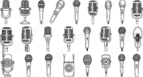 Black and White Line Art Collection of Vintage and Modern Microphones
