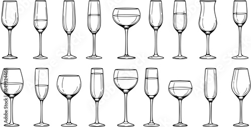 Elegant Black  White Line Art Collection of Diverse Glassware: Wine Glasses, Champagne Flutes, and Drinking Goblets for Beverage, Celebration, and Hospitality Concepts