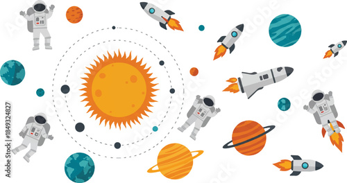 A vibrant cartoon illustration of the solar system with the sun, planets, orbiting elements, astronauts, and rockets floating in space.