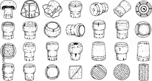 Hand-drawn Black and White Line Art Champagne Corks Vector Set for Beverage Industry, Wine and Celebration Themes. Collection of Outline Bottle Stoppers and Sparkling Wine Closures.