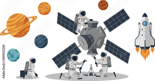 Astronauts working on a satellite in space with planets and a rocket, illustrating space exploration and technology.