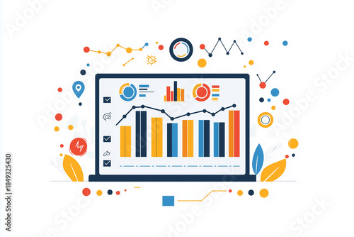 Analytics dashboard illustration with charts and graphs representing business data analysis, performance metrics and financial statistics in flat vector style