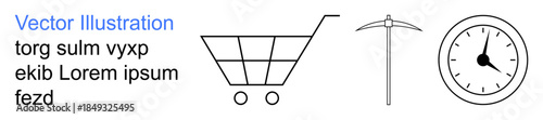 Online shopping, time management, resource extraction, e-commerce, work efficiency, business planning. Minimalist black outline designs of a shopping cart, pickaxe and clock. Online shopping