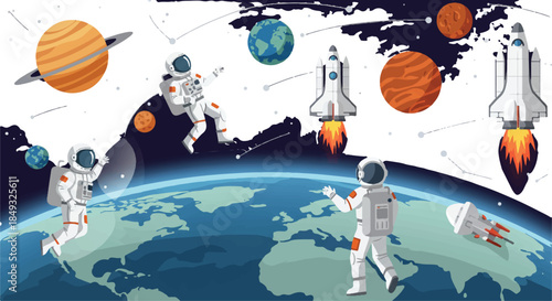 Astronauts exploring space around Earth with planets and rockets, depicting a vibrant cosmic adventure.