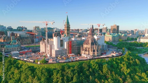 Ottawa, Ontario, Canada. September 03, 2025: Aerial view of Parliament Hill in Ottawa, Canada, showcasing the Centre Block and Library of Parliament amidst extensive construction work.