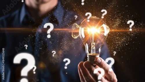 Man holding glowing light bulb surrounded by question marks, symbolizing problem-solving and new ideas.