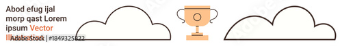 Achievement, cloud computing, digital storage, modern success, goal setting, and motivation. Trophy icon in center flanked by outlined clouds. s achievement and cloud computing concepts