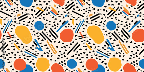 Vector seamless pattern in Memphis style. Abstract vibrant background with geometric elements, dots, lines, speckles. Colorful retro 80s texture. Funky repeated design for fabric, decor, packaging