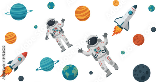 Cartoon illustration of astronauts, rockets, and various planets floating in outer space, depicting a vibrant cosmic scene.