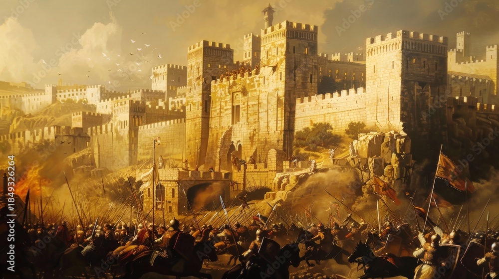 Fototapeta premium Crusader siege battle for Jerusalem Holy City ancient walls combat