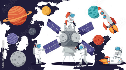 Astronauts building and exploring space with satellites, rockets, and planets in a cosmic setting.