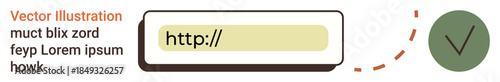 Online security, verification, web links, URL validation, approval process, digital forms. Text input field with http and a checkmark icon. Online security and verification concept