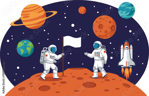 Two astronauts planting a white flag on a red planet surface with a rocket launching and various planets in the starry cosmos.