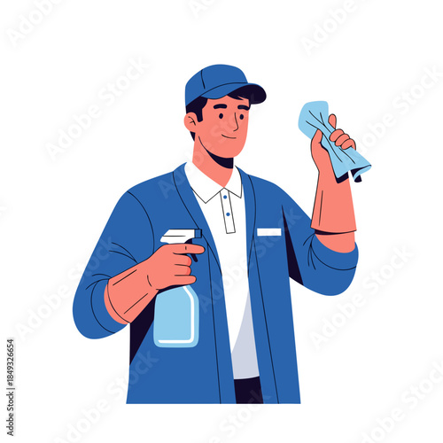 Cleaner in Uniform with Spray Bottle and Cloth - Professional Cleaning Service.