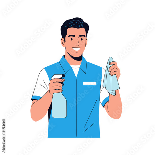 Smiling Man Cleaner Holding Spray Bottle and Cloth.