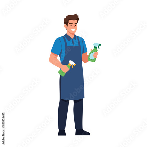 Smiling Male Cleaner with Cleaning Sprays and Apron.