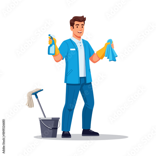 Smiling Cleaner In Uniform With Spray Bottle Cloth Mop  Bucket.