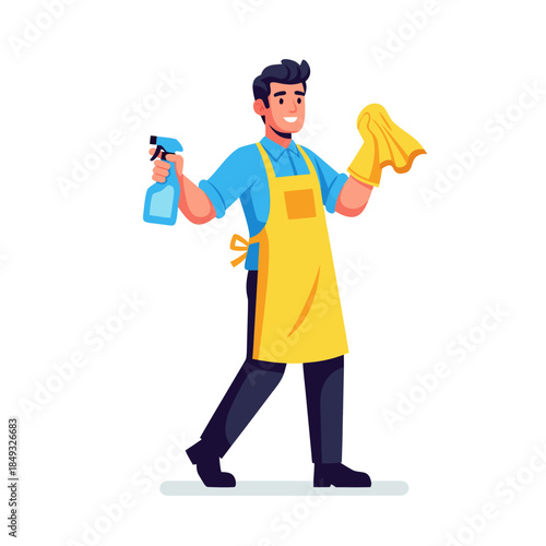 Smiling Man Cleaning Service Worker with Spray Bottle and Cloth