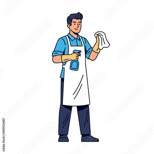 Smiling Man Cleaning Service Worker with Spray Bottle and Cloth.
