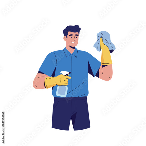 Happy Cleaner Man Spraying and Wiping Surface Cleaning Household Chores.